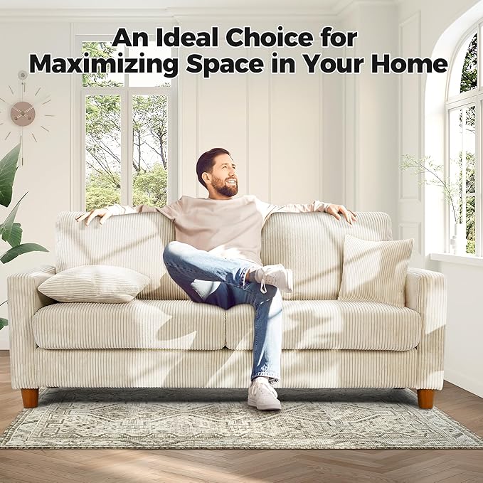 70in Corduroy Couch, Kidirect Sofa No Tool Assembly, Comfy Couches for Living Room 21in Deeper Seats, Corduroy Sofas for Living Room with 2 Pillows, Oversized Loveseat Sofa, Boho Love Seat Beige Couch