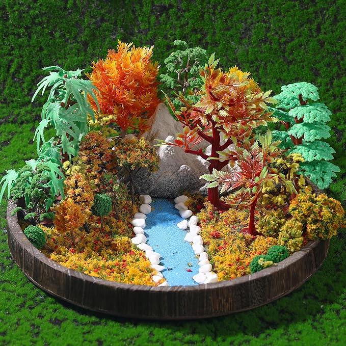 Canlierr 28 Pcs Miniature Model Trees for Diorama Mini Tiny Fake Plastic Fall Maple Trees with 40g Faux Moss for Villages, Craft, Model Train Autumn Scenery Accessories