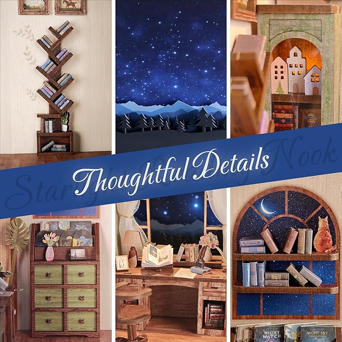 DIY Book Nook Kit for Adults, 3D Wooden Puzzle Booknook Miniature House Kit (Starlight Reading Nook)