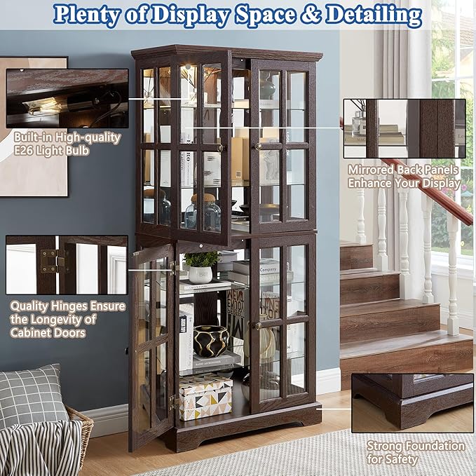 68" H Glass Curio Display Cabinet with Light, 6-Tier Wooden Storage Showcase w/ 4 Glass Doors & Adjustable Shelves, Vintage Accent Cabinet w/Mirrored Back Pane for Home & Office (Cherry)
