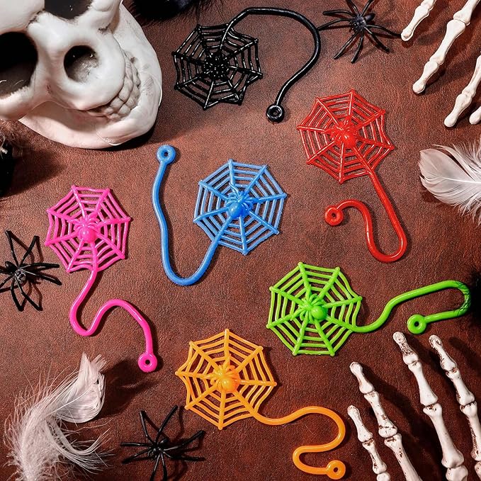 24 PCS Sticky Spider Web for Kids, 7.6 Inches Cobweb Sticky Hand Toys, Halloween Spider Party Favors for Goodie Bag Stuffers, Birthday, Classroom Prizes Supplies (6 Colors)