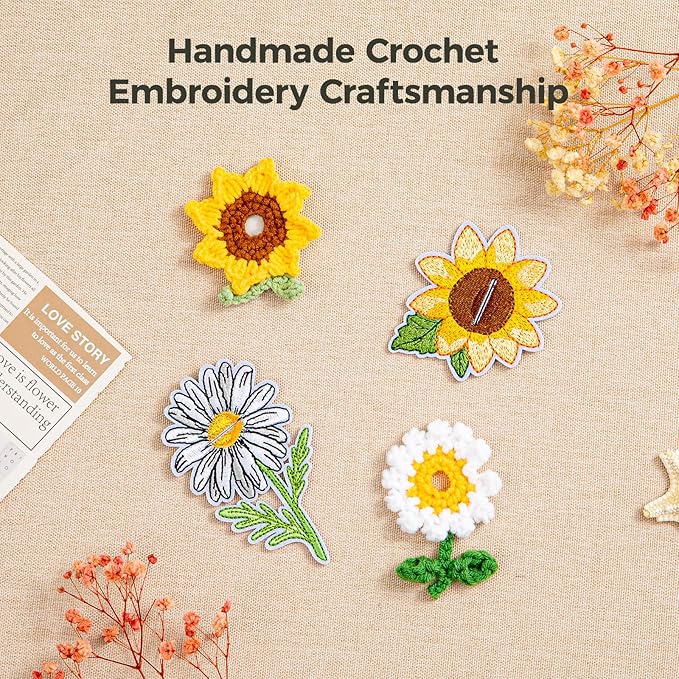 2 Handmade Crochet & 2 Embroidered Button Covers for Women Blouses, Shirts & Jeans – No-Sew Floral Button Covers – Gift-Ready Stocking Stuffer for Mom & Women, White Elephant Gift, Christmas Gift