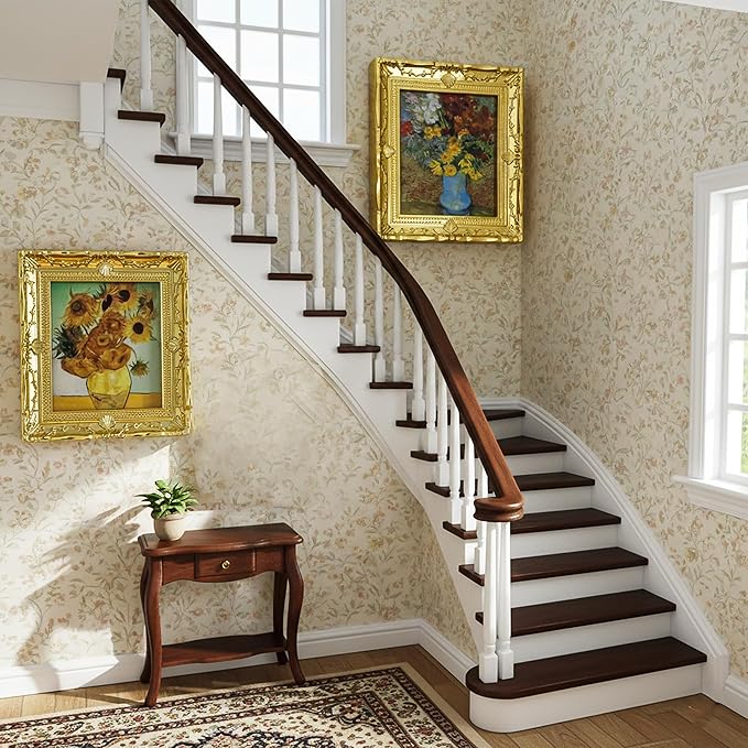 6PCS Mini Framed Art Dollhouse Wall Art Set – 1:12 Scale Miniature Framed Picture Painting, Vintage Golden Antique Gold Frames Oil Photo for Gallery Home Decor Accessory, Tiny Van Gogh Monet Artwork