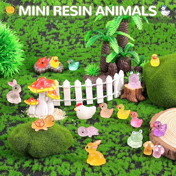 110PCS Mini Resin Animals Tiny Cute Glow Figures in Dark, Miniature Figurine to Hide, Little Animal Small Accessories for Topper Desk Garden Dollhouse Landscape Aquarium Ornaments Crafts & Decor