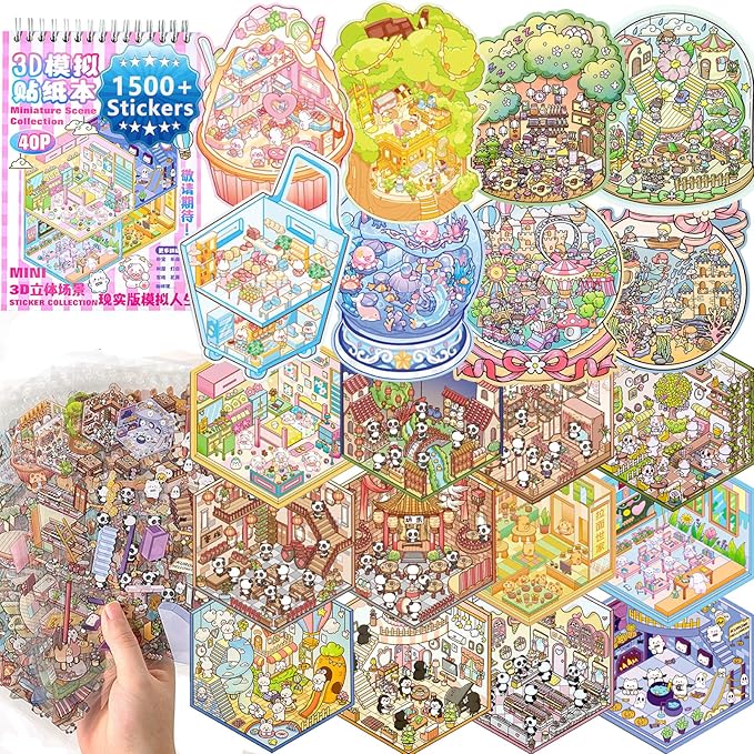 DIY 3D Sticker Scene - 20 Sets(1500 PCS Fun DIY Reusable Sticker Book, Create Your Own Scenes, Cute Stickers & Waterproof, Ideal Relieve Stress Anywhere, Crafts Party Favors