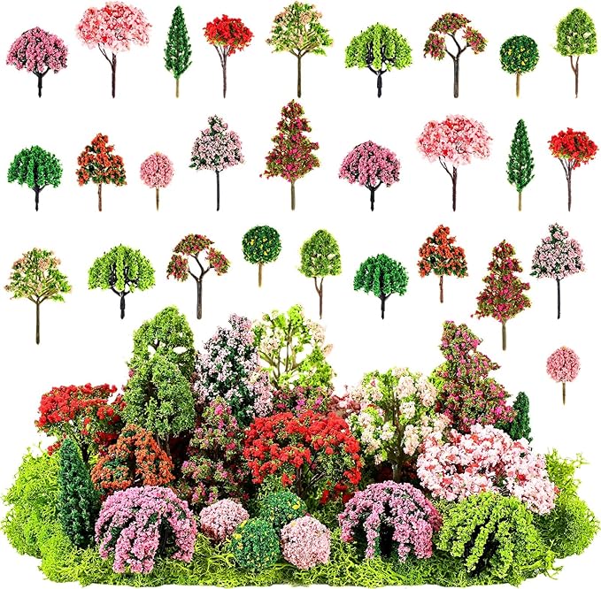 Canlierr 28 Pcs Miniature Model Trees for Diorama Mixed Mini Tiny Fake Plastic Fall Maple Trees with 40g Faux Moss for Villages, Craft, Model Train Autumn Scenery Accessories