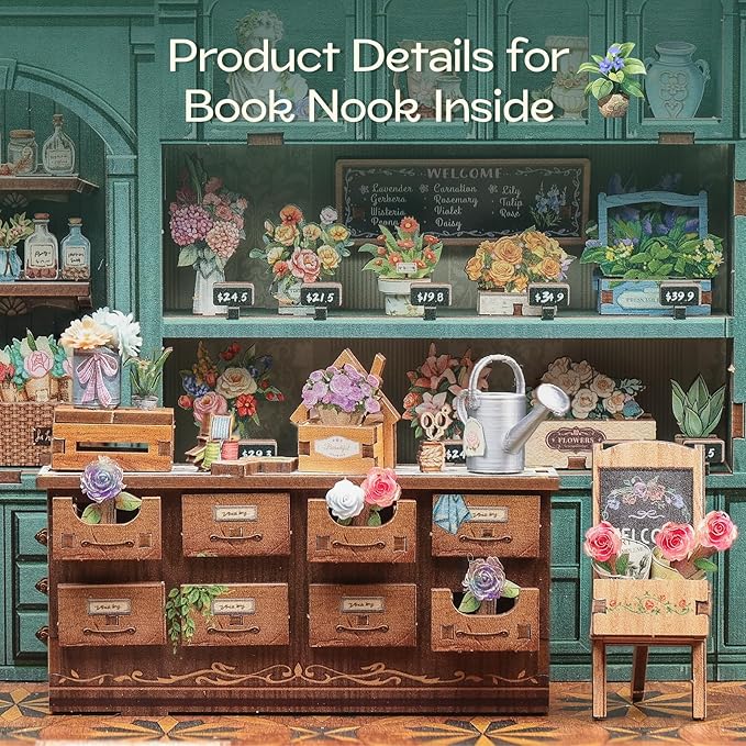 Fsolis Book Nook Kit - DIY Miniature Scene Kit for Adults 3D Wood Puzzles Tiny House Mini Craft Bookshelf Decor Gifts for Women Teenagers Book Lovers (Blossom Florists)