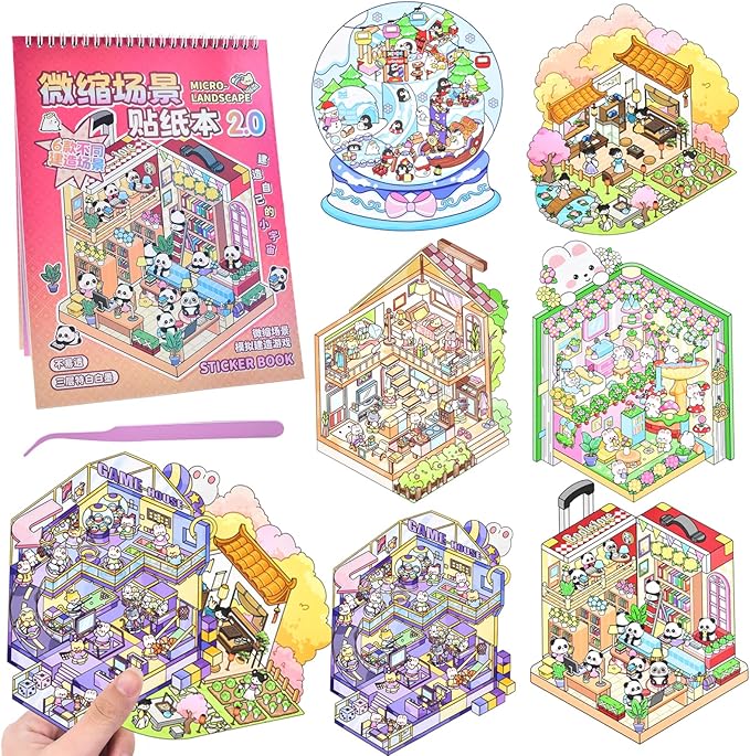 DIY Large Fun 3D Animal House Scene Stickers Book with Tweezers Make Your Own Town Bookstore Amusement Park Sticker Scenes Cute Micro Stickers for Relief Stress Pass The Time(6 Designs)