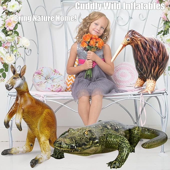 Jet Creations Life on Earth Wildlife Safari Inflatable, 3-PK, Kangaroo, Kiwi Bird, Alligator, Realistic Animals for Party Decoration, Pool, Birthday, Jungle Photo Prop