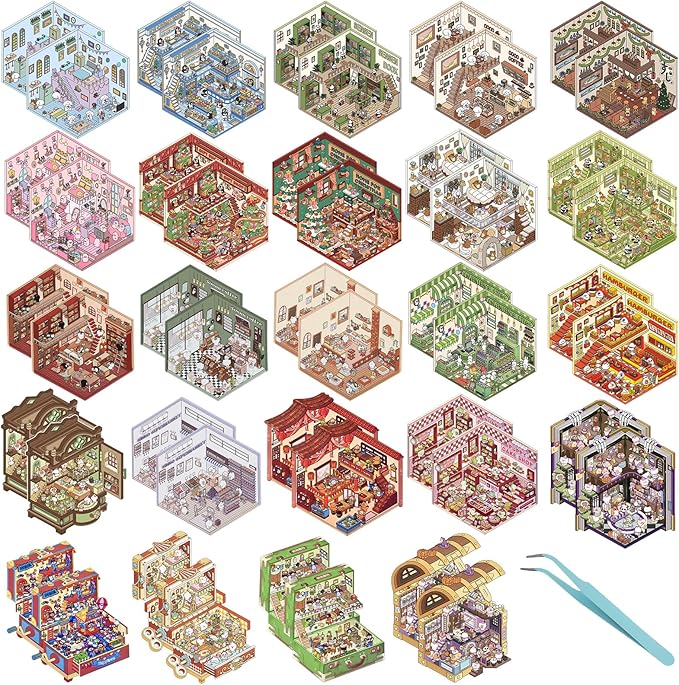 DIY 3D House Stickers, 48 Sets Sticker Therapy 3D Scenes for Adult Fun Cute Cartoon Stickers Scene Make Your Own Mini Room Scenes Miniature Supermarket for Relief Stress Pass The Time