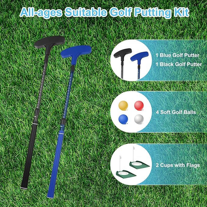 Micnaron Mini Golf Set - Two-Way Putter, Right/Left Handed, Adjustable Length for Children to Adults - 2 Golf Putters with 4 Golf Balls & 2 Cup with Flag