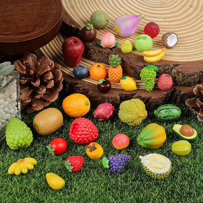35 PCS Mini Resin Artificial Fruits Miniature Fruits Realistic Mini Fruit Fake Strawberry Lemon Banana for DIY Craft House Kitchen Garden Cake Party Store Display Decoration