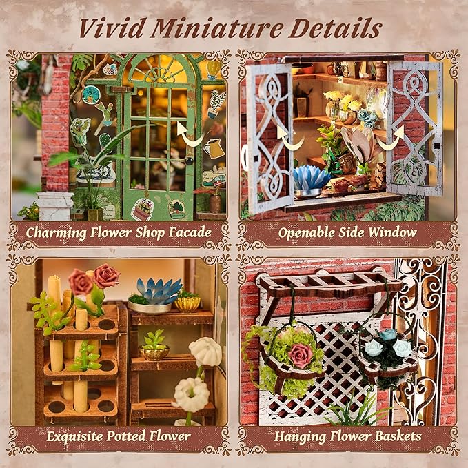 3D Wooden Puzzle Miniature Dollhouse Kit – Flower Workshop Miniature Model with LED Lights – Home Decor DIY Creative Gifts for Adults and Teens (Blossomary Atelier)