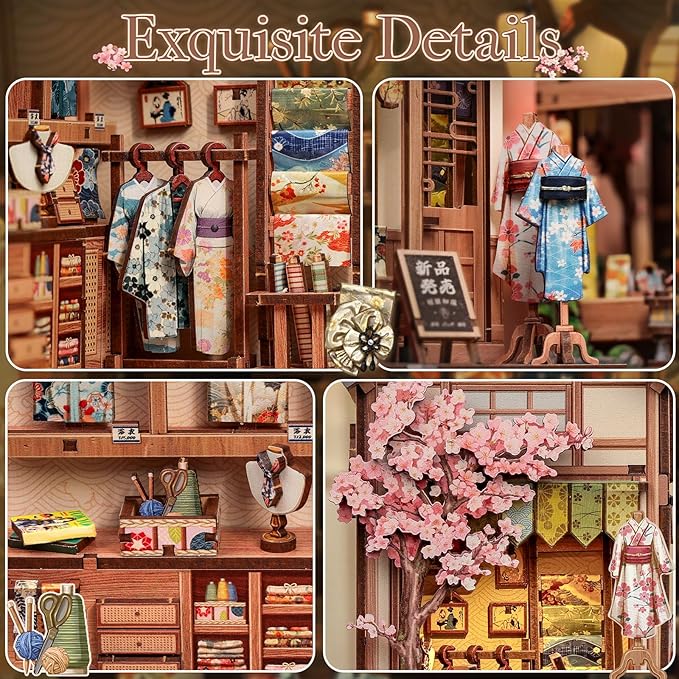CUTEBEE Book Nook Kit - Japanese Sakura Kimono Shop DIY Dollhouse 3D Wooden Puzzle Booknook for Adults and Teens, Miniature House Bookshelf Decor, Ideal Gift for Family and Friends