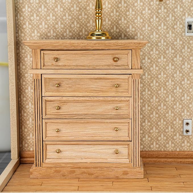 Waldosia 1:12 Scale Dollhouse Miniature Oak Dresser – 5-Drawer Wooden Chest for Bedroom, Roombox, Booknooks and Dioramas Furniture