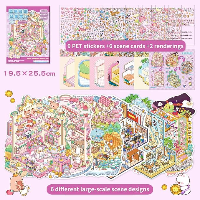 DIY Large Fun 3D Animal House Scene Stickers Book with Tweezers Make Your Own Cake Doll Shop Four Seasons Town Sticker Scenes Cute Micro Stickers for Relief Stress Pass The Time(6 Designs)