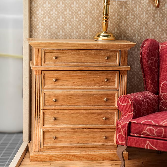 Waldosia 1:12 Scale Dollhouse Miniature Oak Dresser – 5-Drawer Wooden Chest for Bedroom, Roombox, Booknooks and Dioramas Furniture