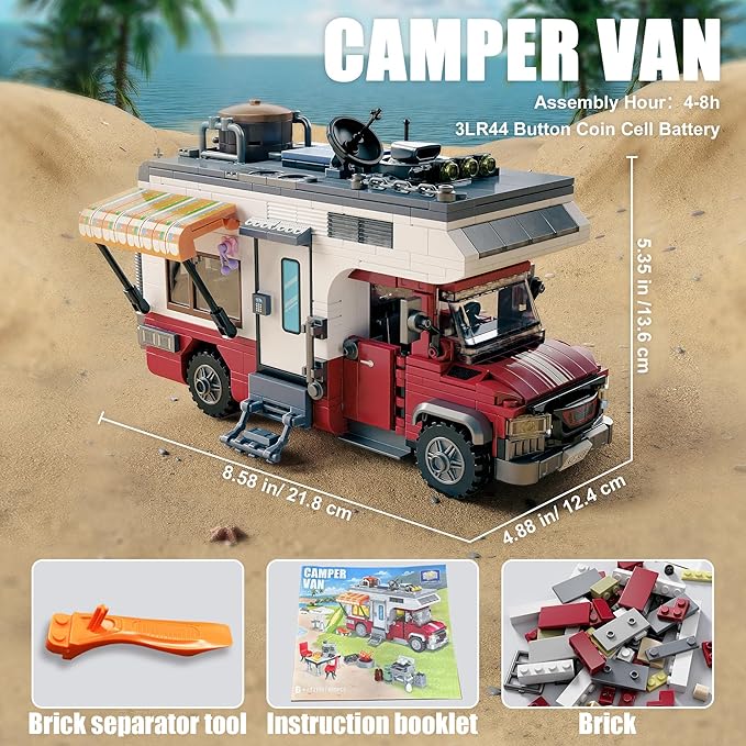 City Camper Van Building Set-Beach Camping Themed Construction Toy Kit with Mini Accessories&Lights, RV Car Model Compatible with Legos,Birthday Gift for Adults and Kids 6+(880 pcs)