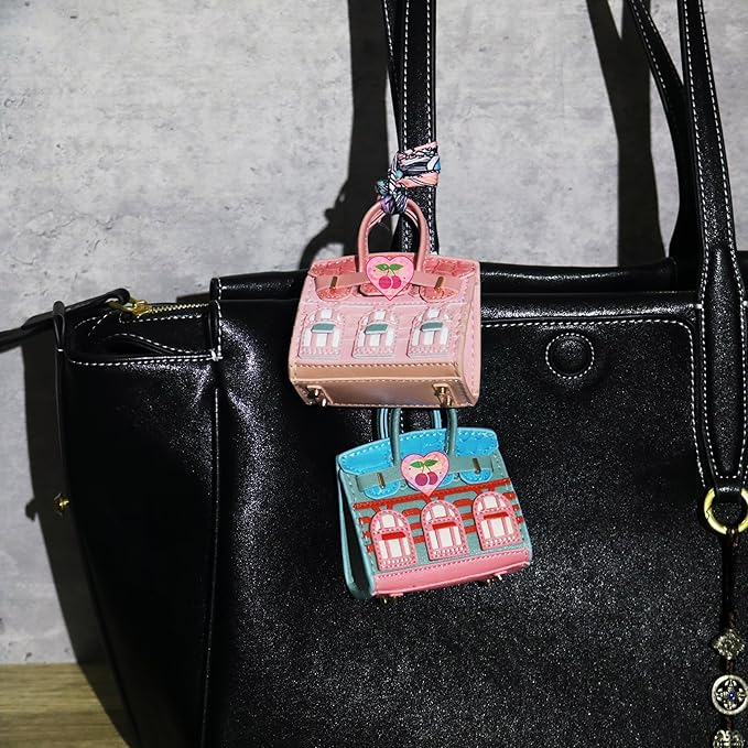 Buyborgood Women's 2 PCS Mini Tote Bag Charms Keychain Pouch Small Coin Purse Wallet (Blue + Pink)