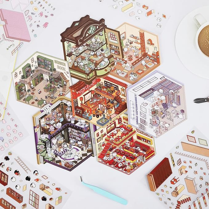 DIY 3D House Stickers, 48 Sets Sticker Therapy 3D Scenes for Adult Fun Cute Cartoon Stickers Scene Make Your Own Mini Room Scenes Miniature Supermarket for Relief Stress Pass The Time