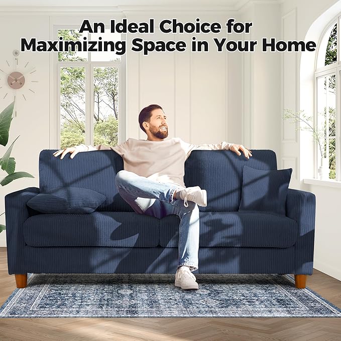 Kidirect 70in Corduroy Couch, Sofa No Tool Assembly, Comfy Couches for Living Room 21in Deeper Seats, Corduroy Sofas for Living Room with 2 Pillows, Oversized Loveseat Sofa, Boho Love Seat Blue Couch