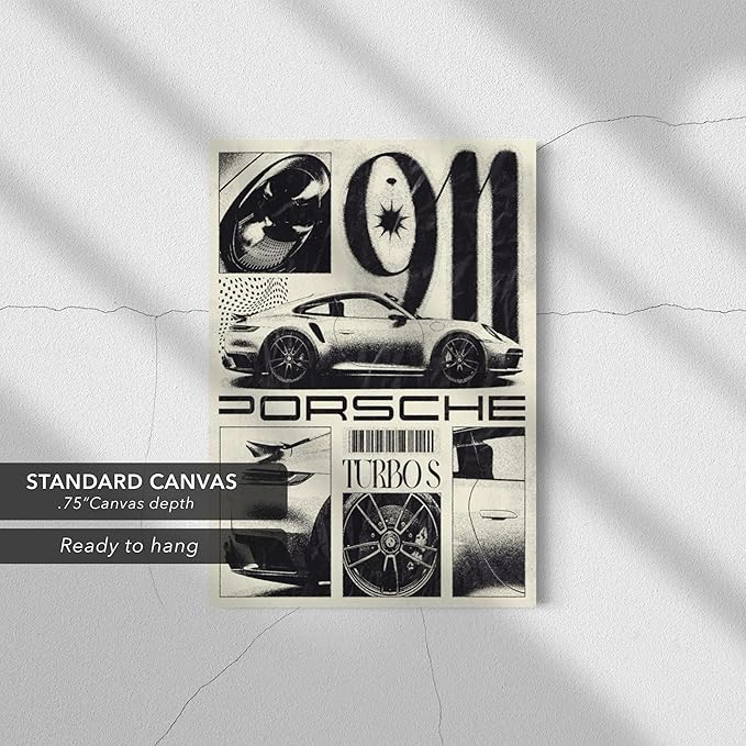 Canvastoria Porsche 911 Turbo S Canvas Wall Art | Black & White Automotive Poster Print | Luxury Sports Car Decor