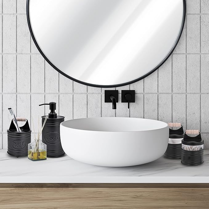 Autumn Alley Rustic Bathroom Accessories Set Black Farmhouse Soap Dispenser, Matte Black Toothbrush Holder, 2 Apothecary Jars Qtip Holder Glass - Rustic Bathroom Decor, Farmhouse Bathroom Accessories