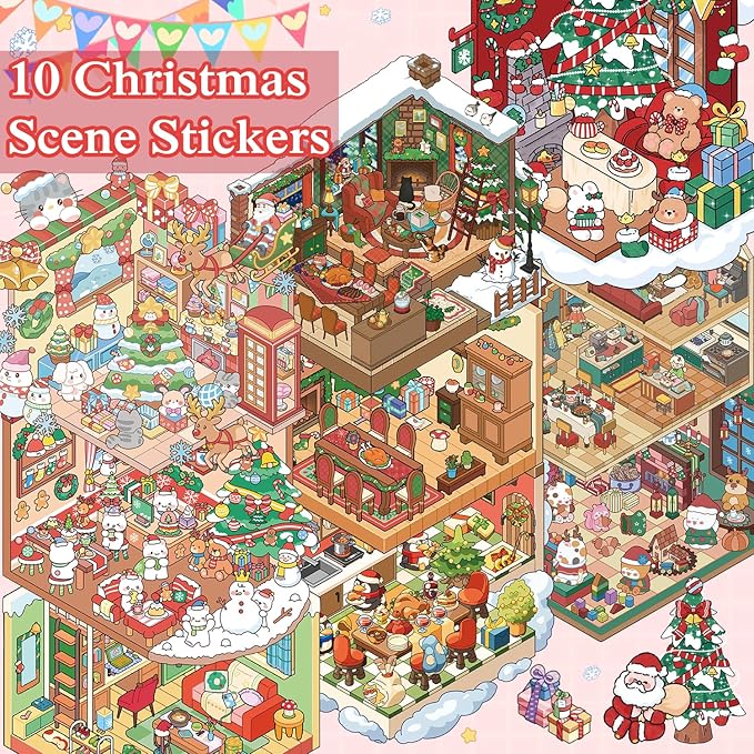 Christmas Sticker Book Collection, 10 Sets 3D Christmas Stickers, DIY 3D Miniature House Stickers Collection Book, Make Gifts for Adults and Kids, Fun Simulated Scene Game for Girls