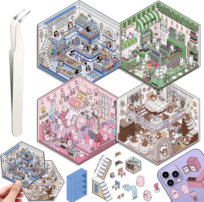 DIY 3D House Stickers, 4 Set Fun DIY Stickers Scene Make Your Own Warm Home, Supermarket, Coffee Shop, Music Bar, Cute 3D Cartoon Scene Stickers for Adult Kids Relief Stress Pass The Time (SY2.0)