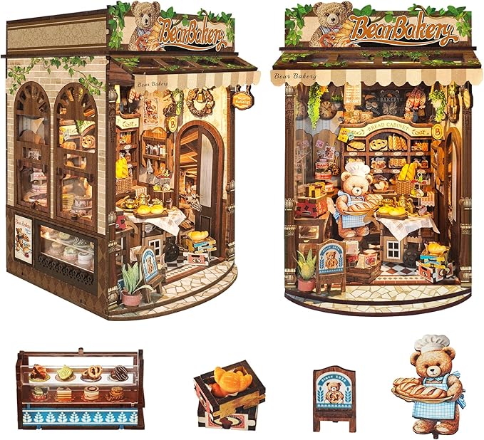 CUTEROOM Book Nook Kit for Adults, 3D Wooden Puzzle DIY Miniature Dollhouse Booknook Kit, Tiny House Building Kit with LED Light for Bookshelf Insert Decor-Bear Bakery