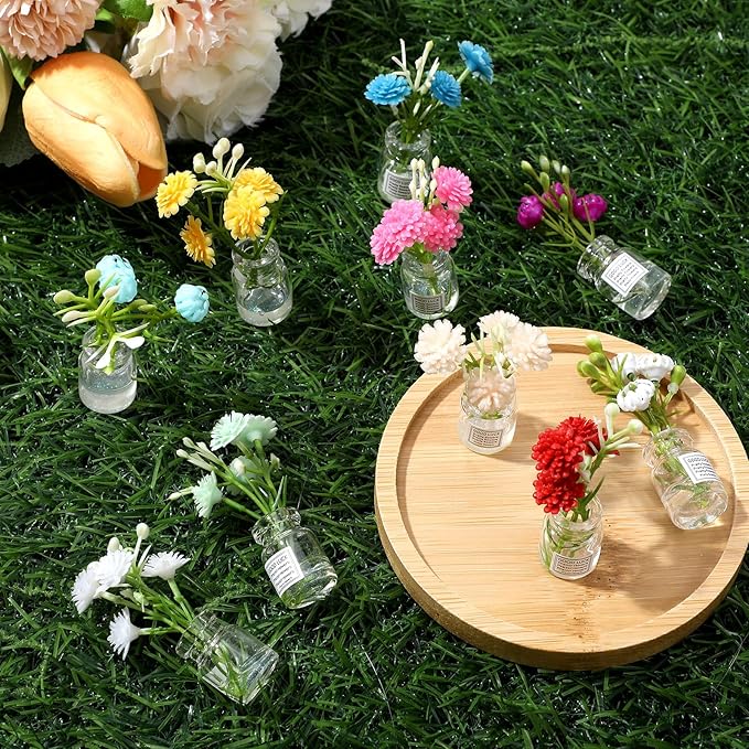 10 Pcs Dollhouse Miniatures Flowers Plants, 1:12 Tiny Small Glow in The Dark Glass Vase Flowers Plant House Decor, Faux Flower Model Miniature Dollhouse Accessories for Tiny Houses