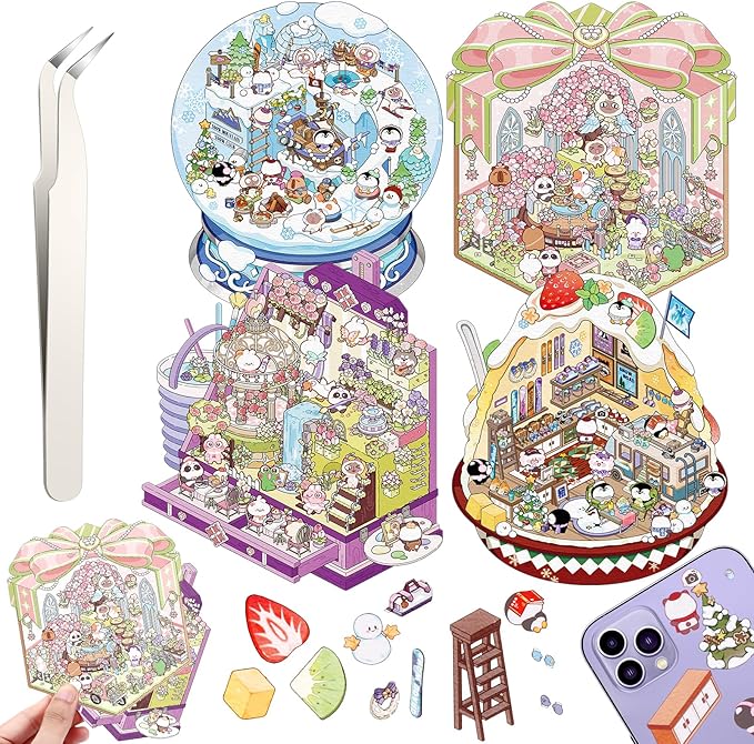 DIY 3D House Stickers, 4 Set Fun DIY Stickers Scene Make Your Own Snowball, Paint Box, Gift Box, Cake House,Cute 3D Cartoon Scene Sticker for Adult Kids Relief Stress Pass The Time