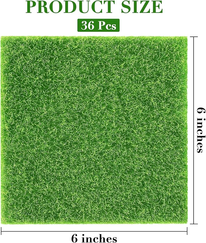 Elcoho 36 Pieces Fake Grass for Crafts Fairy Garden 6 x 6 Inches Artificial Garden Grass for Miniature Ornament Dollhouse DIY Decoration
