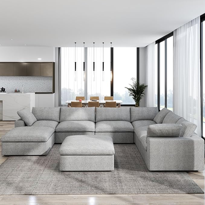 JACH 160" Cloud Sectional Couch, Overzised Down Filled Couch, 8 Seater Convertible Modular Cloud Sofa for Living Room, Minimalist Deep Seat Modern Couches,Sofa Cover Removable, Grey