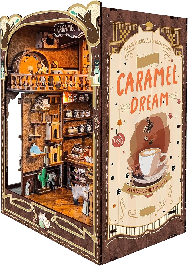 Book Nook Kit-DIY Dollhouse Kit Wooden Miniature Studio with Dust Cover Bookshelf Decor 3D Puzzle Book Nooks for Adults to Build Gift (Caramel Dreams)