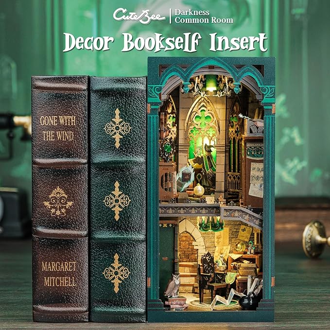 CUTEBEE Book Nook Kit - DIY Miniature House Magic Dollhouse Kit for Adults, Booknook Tiny House Bookshelf Decor 3D Wooden Puzzle, Gifts for Family, Friends (Darkness Common Room)
