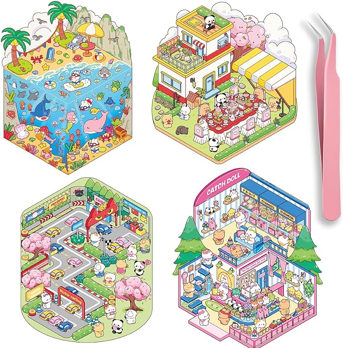 DIY 3D Stickers Kit for Adults & Teens - 4 Set Creative House Scene Stickers Make Your Own Mini Room Scenes- Stress Relief Craft for Home Decor, Gift Idea, Fun Art Activity