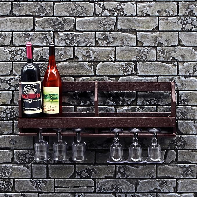 Miniature Wall-Mounted Wine Rack with Glass Holder, 9-Piece Dollhouse Bar Set, Dark Wood
