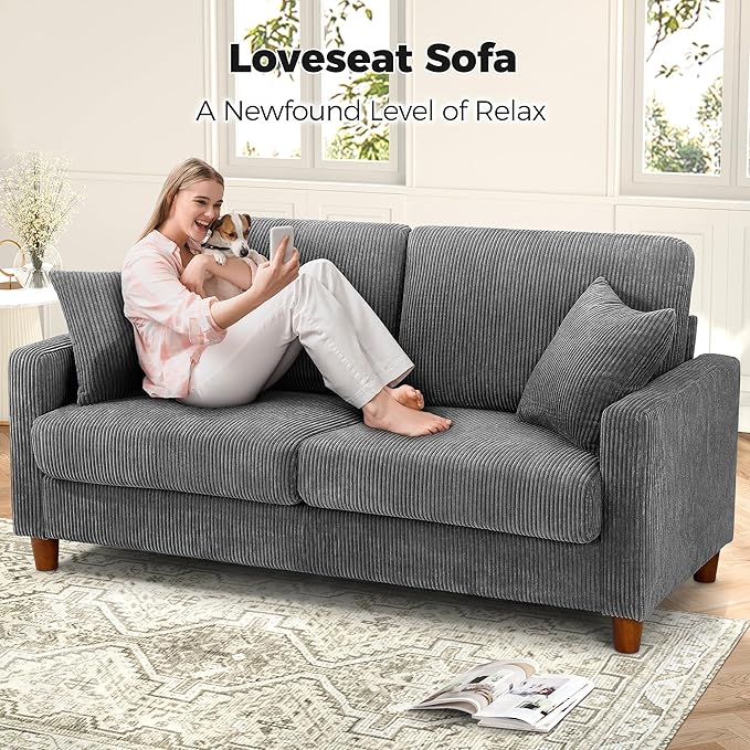 Kidirect 70in Corduroy Couch, Sofa No Tool Assembly, Comfy Couches for Living Room 21in Deeper Seats, Corduroy Sofas for Living Room with 2 Pillows, Oversized Loveseat Sofa, Boho Love Seat Grey Couch