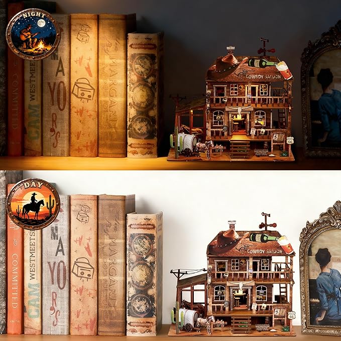 Cowboy Saloon Miniature Kit - DIY Miniature House Kit for Adults, Teens, Dollhouse Booknook Bookshelf Insert Decor with LED Light, 3D Wooden Puzzle Gifts for Family, Friends