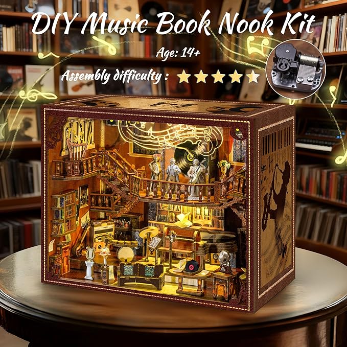 Book Nook Kit - 3D Wooden Puzzle for Adults and Teens, DIY Miniature Bookshelf Insert with LED Light, Ideal Gift for Family, Friends（Maestro's Study）