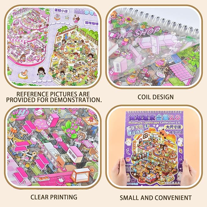 DIY 3D Fun Large Animal House Scene Stickers Book with Tweezers Make Your Own Food Store Pet Hospital Island Sticker Scenes Cute Micro Stickers for Relief Stress Pass The Time(6 Designs)