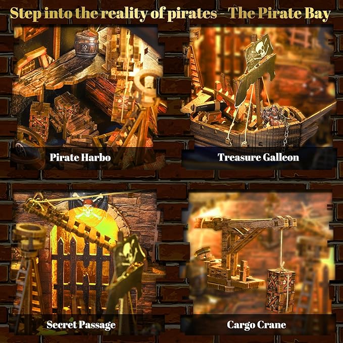 Book Nook Kit - DIY 3D Wooden Puzzle Miniature House with LED Lights - Creative Crafts for Adults - Bookshelf Insert Decor - Educational Gift for Family & Friends（Pirate Bay）