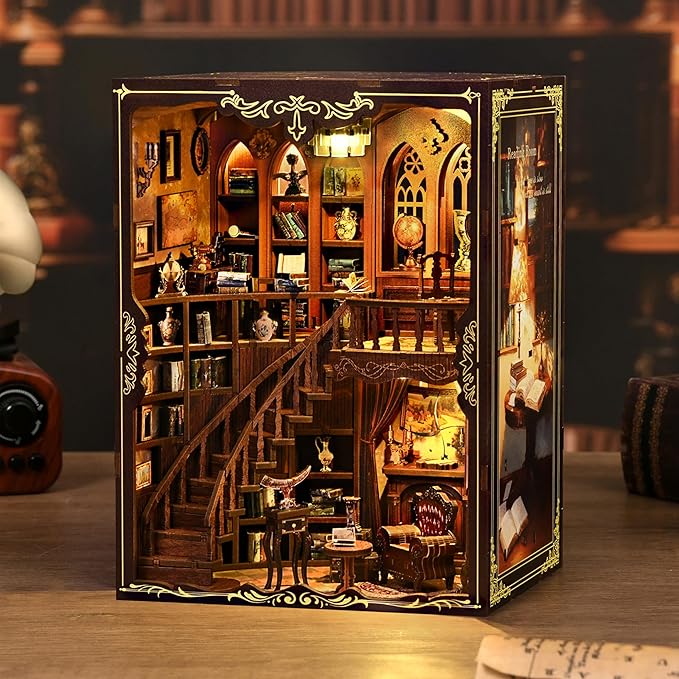 ISSEVE Book Nook Kit - DIY Miniature House Kit Book Nooks for Adults, Dollhouse Booknook Library Tiny House Bookshelf Decor 3D Wooden Puzzle Model Building Craft Kits Gift (Ancient Rhyme Library)