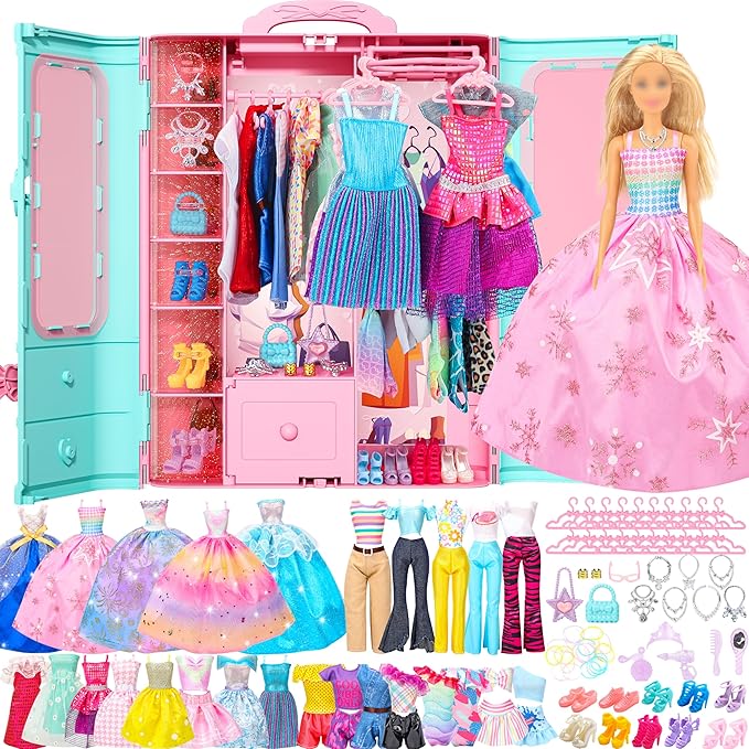 Style Shine 70 Pcs Doll Closet with Clothes & Accessories Playset,2 Wedding Gowns 6 Fashion Dresses 2 Tops 2 Pants 2 Swimsuits 10 Shoes 20 Hangers 27 Accessories Toys for Girls Kids Birthday Gifts