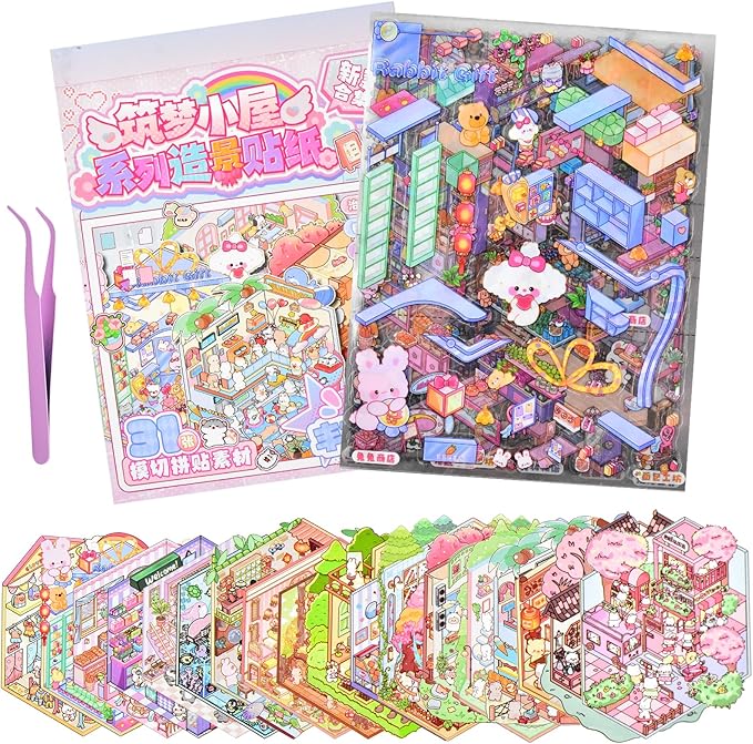 DIY 3D Fun Mini Animal House Scene Stickers Book with Tweezers Make Your Own Shop Amusement Park Sticker Scenes Cute Micro Stickers for Relief Stress Pass The Time(20 Designs)
