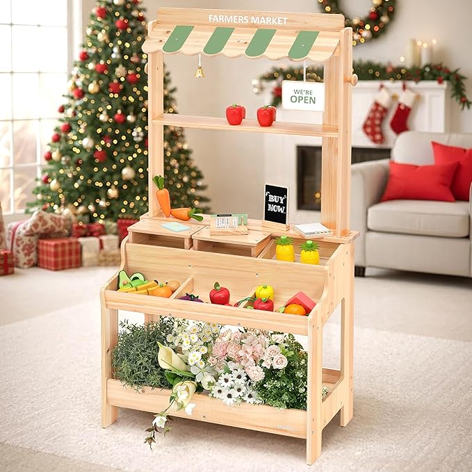PairPear Wooden Mud Grocery Stand, 2-in-1 Outdoor Market Stand & Mud Kitchen for Kids Outdoor, Montessori Pretend Play Toy with 14 Accessories, Cash Register & Play Food, Ages 3+