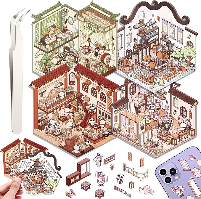 DIY 3D House Stickers, 4 Set Fun DIY Stickers Scene Make Your Own Warm Home, Supermarket, Coffee Shop, Music Bar, Cute 3D Cartoon Scene Stickers for Adult Kids Relief Stress Pass The Time (XM3.0)