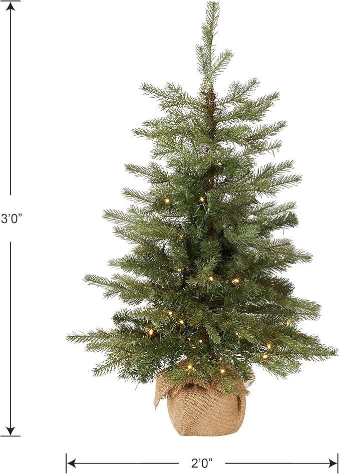 National Tree Company 3 ft Pre-Lit Nordic Spruce Mini Artificial Christmas Tree, Burlap Base, Red Bow, 50 Clear LED Lights, 363 Tips, Timer, Green