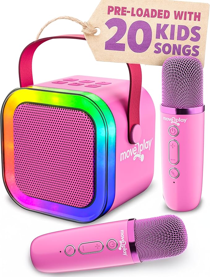 Move2Play, Mini Karaoke Machine for Kids | Built-in 20+ Songs | Bluetooth Speaker & Microphones | Voice Effects | Toddler Music Toy | Christmas Stocking Stuffer | Girls & Boys Age 2 3 4 5 6+ | Pink